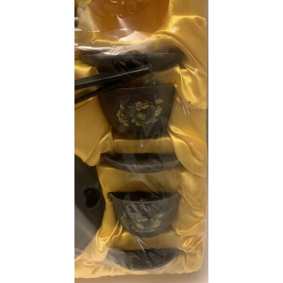 Japanese Dark Ceramic Raku Teacups and Saucers w Dragon Transferware Tea Set. - Picture 5 of 5